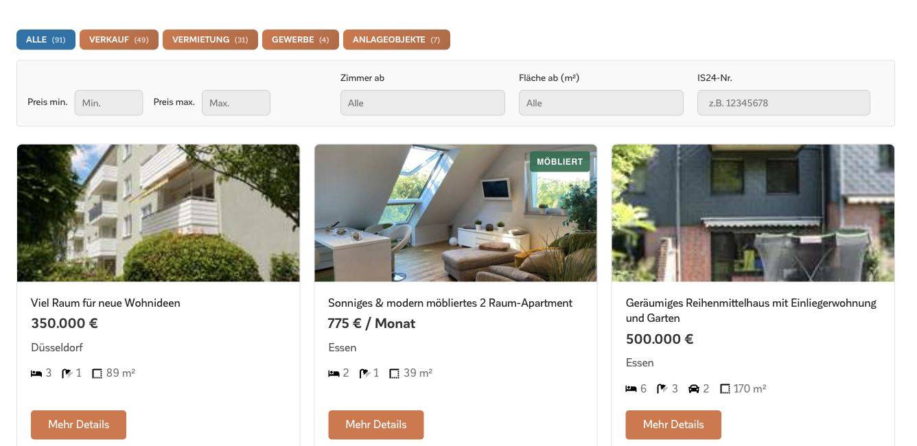 Immobilien-Erweiterung mit Objektübersicht, Filtern und Exposés